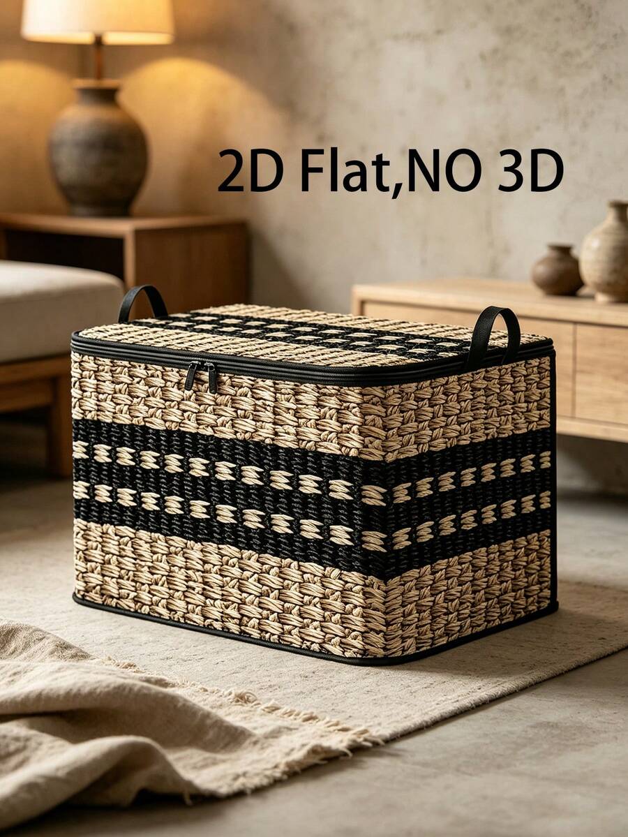 Large Beige Woven Storage Basket With Lid, Foldable And Stackable, Suitable For Organizing Clothes And Blankets, Dust-Proof Large Rectangular Flip-Top Storage Box, 2D Flat Design, Applicable For Entryway, Living Room, Christmas Decor And Underbed Storage - Multicolor - View 1
