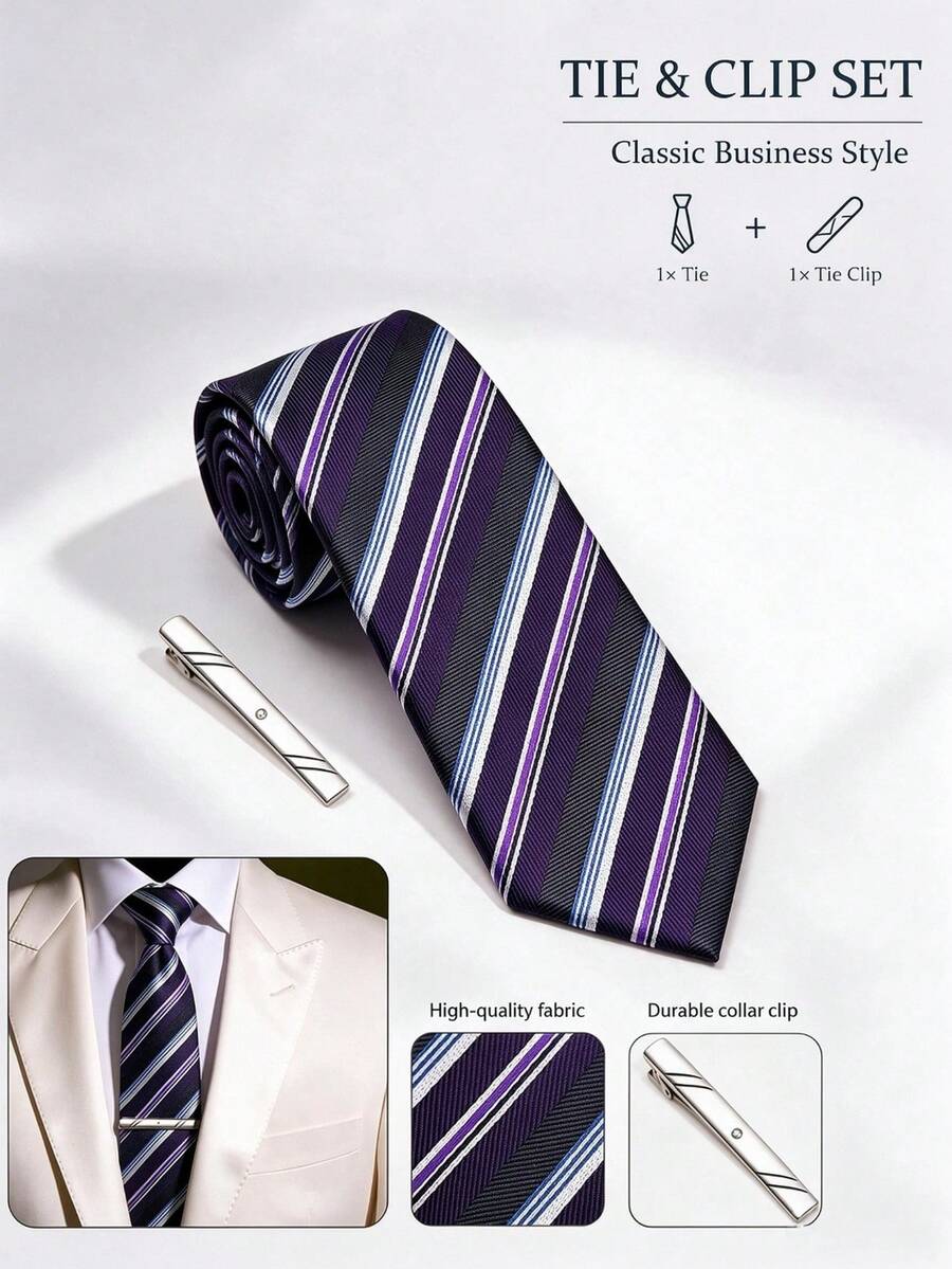 1 Set Business Fashion Casual Minimalist Versatile Premium Daily Men's Tie And Tie Clip Set, Suitable For Work, Interview, Party, Wedding - Deep Purple Black Grey Twill - View 1
