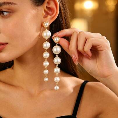 1 Pair Luxury French Elegant Long Faux Pearl Tassel Earrings, Valentine's Day Mother's Day Birthday Gift, Suitable For Evening Party, Wedding, Date, Commute Wear