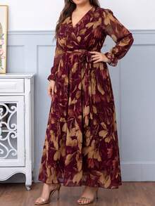 DEARCASE Plus Size Women Floral Print V-Neck Long Sleeve Dress Elegant Vacation - Burgundy - View 4