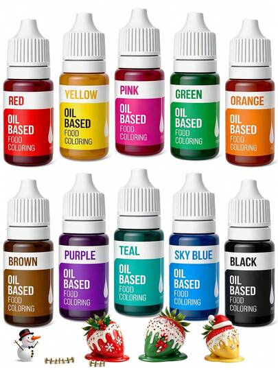 Cherrysea. Oil-Based Food Coloring Set, 10 Colors 10ML Each Bottle, Edible Oil Soluble Food Dye For Chocolate, Candy Melts, Baking, Cake Decorating, Icing, Fondant, Cookies & Macarons