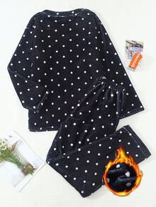 2pcs Women's Winter Polka Dot Print Thermal Lined Thick Crew Neck Long Sleeve Pants Soft Comfortable Pajama Set Homewear - Black - View 2