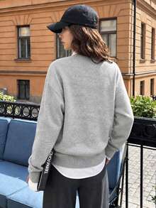 Y6Y Grey V-Neck Long Sleeve Women's 2026 New Autumn Slouchy Loose Knit Sweater - Grey - View 2