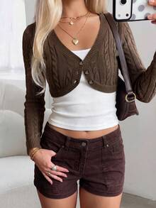 Women's Knitted Cropped Cardigan Long Sleeve Top, Autumn/Winter Outfit, Medium Stretch Knitted Fabric - Brown - View 3