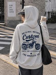 Women's Casual Loose Fit Motorcycle Letter Print Sweatshirt With Thermal Lining, Versatile For Autumn/Winter - Light Grey - View 2
