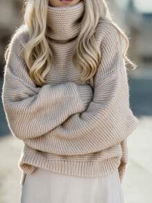 Women's Oatmeal Chunky Knit Cowl Turtleneck Drop Shoulder Oversized Pullover Sweater, Casual Lazy Cozy Fall Winter Daily Wear - Apricot - View 5
