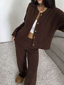 Women's Fall Winter 2 Piecesa Stylish Brown Soft Knitted Cardigan Paired With Wide-Leg Knit Pants, Perfect For Everyday Wear And Commuting. - Brown - View 4
