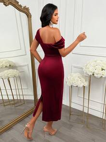 AIJ Robe midi élégante d'automne en velours bleu royal à une épaule, col drapé, dos nu, fente, robe de soirée ajustée, convient pour invitée de mariage, soirée - Rouge foncé - Voir 2