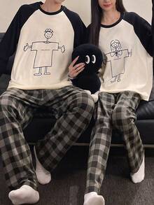 2pcs/Set Women's Pajamas Loungewear Set, Young Casual Pullover Round Neck Couple Style Long Sleeve Long Pants, Comfortable Home Style - Black and White - View 1