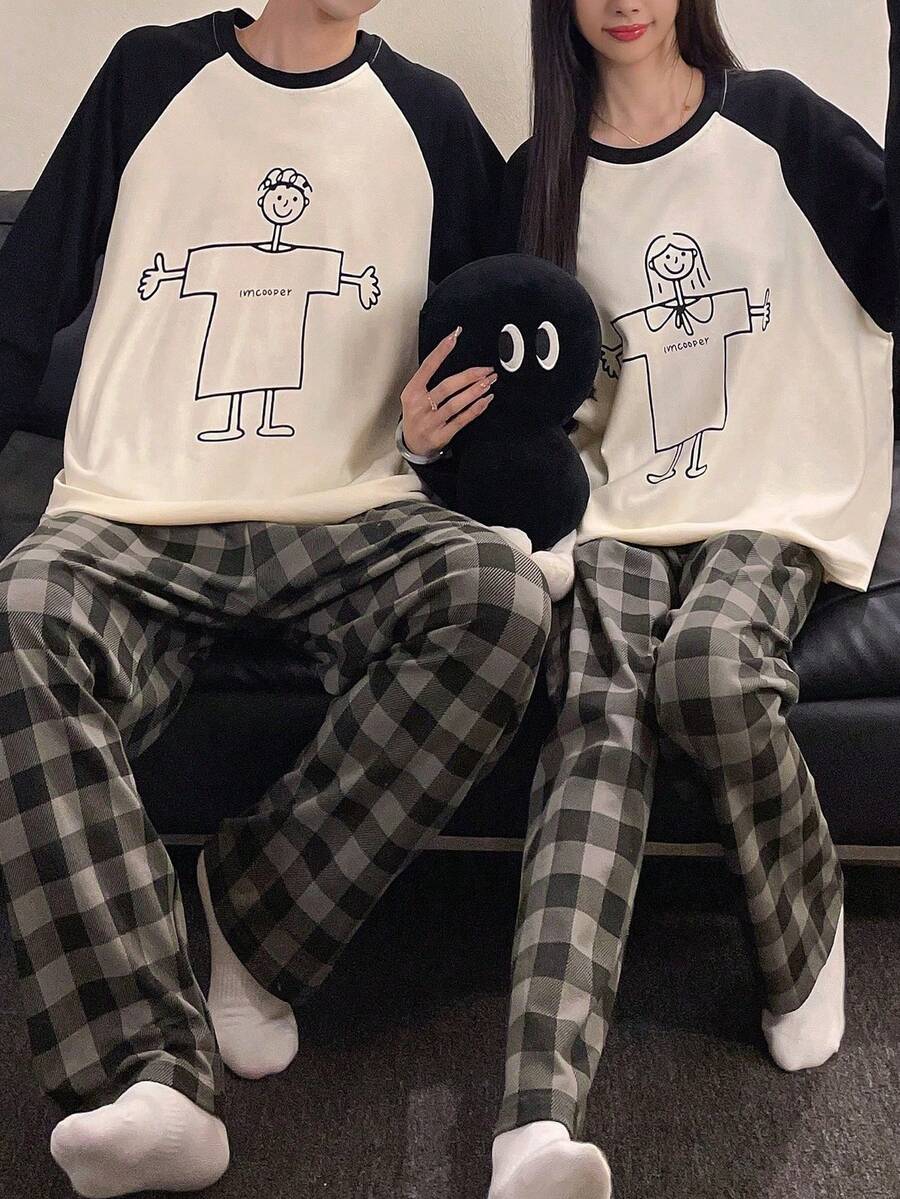 2pcs/Set Women's Pajamas Loungewear Set, Young Casual Pullover Round Neck Couple Style Long Sleeve Long Pants, Comfortable Home Style - Black and White - View 1