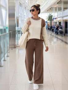 Women's Casual Minimalist Elegant Fashion Commute Comfortable Office Colorblock Cable Knit Round Neck Long Sleeve Sweater Two Pieces Set Home Daily Office Autumn Winter Style - Khaki - View 8
