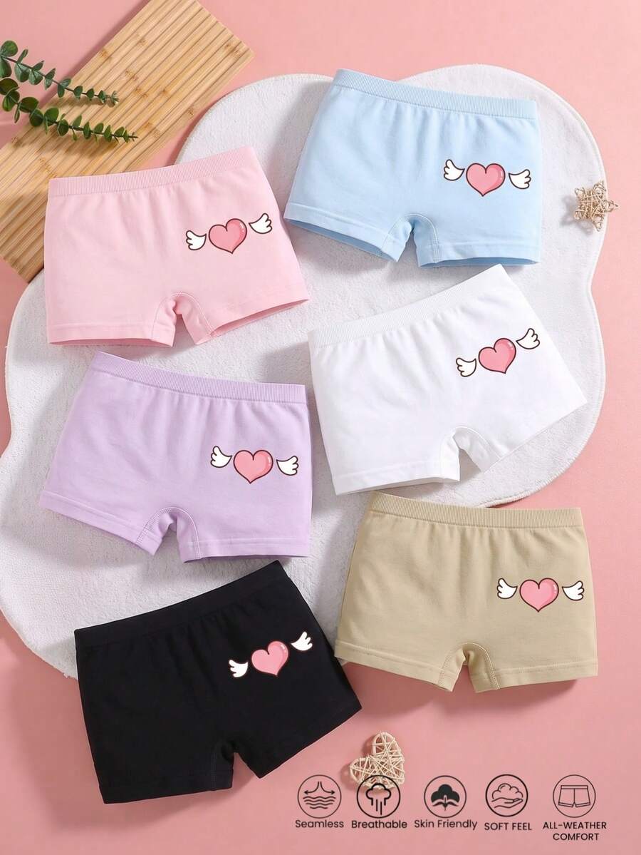 6pcs Girls Cute Heart Print Seamless Panties, Mid-Waist Comfortable Boxer Briefs, Suitable For Back To School Daily Basic Wear - Multicolor - View 1