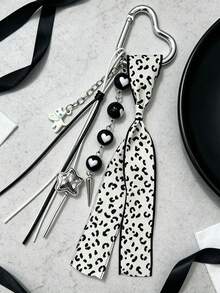 Korean Cool Style Black White Leopard Print Keychain, White Cat Tassel Beaded Bag Charm - Multicolor - View 4