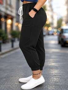 Plus Size Women's Solid Color Drawstring Waist Jogger Pants Casual Black Spring - Black - View 4