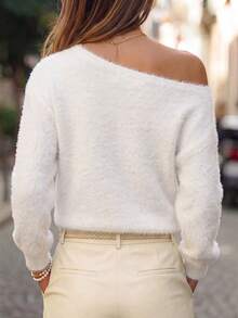 Just Masa Women's Fall Winter One Shoulder Fuzzy Sweater,Solid Color Long Sleeve Asymmetrical Neck Rib-Knit Pullover,For Daily Wear,Going Out,Date - White - View 3
