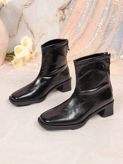 1 Pair Women's Black Square Toe Ankle Boots, Comfortable PU Material, Vintage Fashion Chunky Heel Mid-Calf Boots, Back Zipper Design, Suitable For Office Commute, Weekend Shopping, Dating, Outdoor Wear, Autumn/Winter New Style