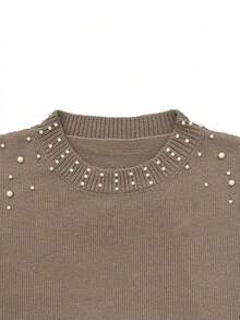 Solid Color Round Neck Beaded Casual Loose Knit Pullover Top - Light Brown - View 9