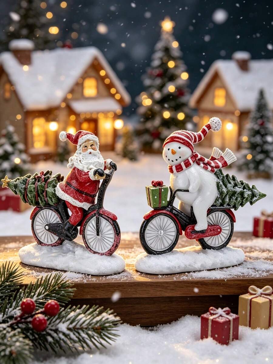 Santa Claus & Snowman Riding Bicycle Statue, Resin Christmas Desktop Decor, Holiday Decoration, Cute Christmas Tabletop Ornament, Suitable For Home Fireplace, Windowsill, Shelf Decoration, Perfect Christmas Gift For Family And Friends - Snowmobile - View 1