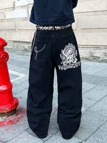 1pc Casual Loose Fit Embroidered Straight Leg Jeans, Versatile American Streetwear Style For Men, All Season (Excluding Belt And Accessories) - الأسود - مشاهدة 5