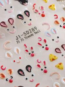 5D Embossed Cute Mouse & Cheese Nail Stickers, Cartoon Animal Self‑Adhesive Nail Decals, Kawaii DIY Manicure Nail Art Decorations - Multicolor - View 5