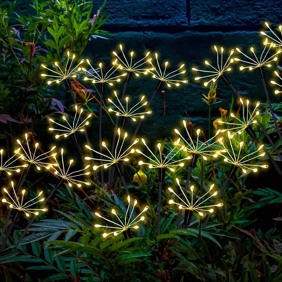 Outdoor Solar Starburst Fireworks Stake Lights, 3 Options: 6 Heads 60LED, 8 Heads 80LED, 10 Heads 100LED, Warm Light Atmosphere, Starburst Radial Light Heads Mimicking Fireworks Bloom, Flexible Copper Wire For Custom Shaping, Light Radiates Outward With Dynamic Starlight