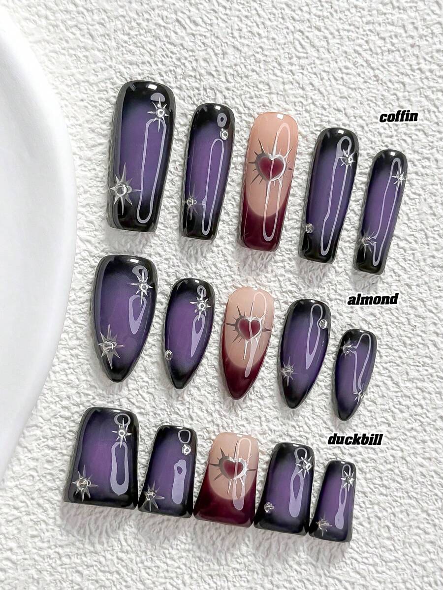 秋季 10片裝哥德之心風格手工穿戴甲,Polygel 凝膠美甲套組,愛心造型,紫色與黑色指甲油,神秘前衛風格,3種尺寸可選,杏仁甲、鴨嘴甲、棺材甲,適合派對、跳舞、日常穿戴(手工細節可能有所不同) - 彩色 - 查看 1