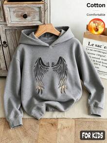 Fall/Winter 3 Pieces Set Girls' Hooded Sweatshirt Wing Print Gray Long Sleeve Cotton Y2K Style - Heather Gray+Heather Gray+Heather Gray - View 2