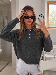 Women's Autumn/Winter New Polo Collar Solid Color Knit Sweater, Suitable For Office Commute, Business Professional, Casual Daily Wear - Grey - View 2
