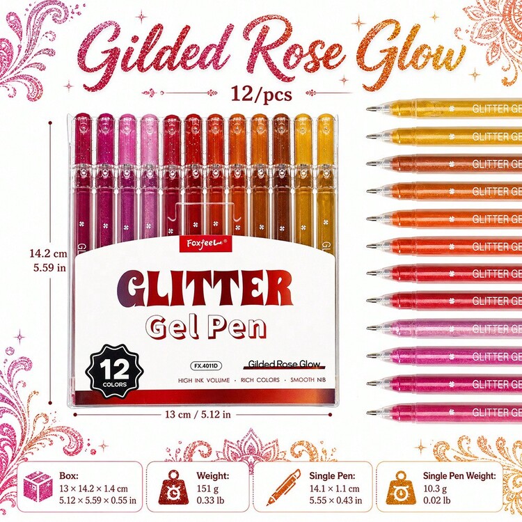 12pcs Colorful Neutral Gel Pens, Glitter Gel Pens, Vibrant Colors, Shiny Glitter Ink, Smooth Writing, 0.8mm Tip, Suitable For Diary, Notes, Drawing, Greeting Card Making And DIY Crafts - Multicolor - View 3