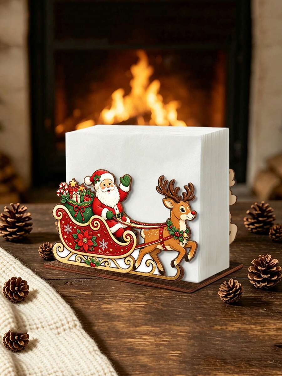 Christmas Wooden Napkin Holder, Santa Claus Sleigh Design, Suitable For Dining Table, Family Dinner, Home Decor, Holiday Table, Napkin Storage Rack, Suitable For Kitchen Countertop, Christmas Party Table Centerpiece And Supplies - View 1