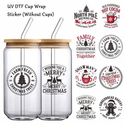 9 Parça Noel Temalı UV DTF Bardak Çıkartmaları - Noel Ağacı, Ren Geyiği, Kardan Adam ve Zencefilli Kurabiye Adam Desenli, Cam Bardaklar, Kupalar, Dizüstü Bilgisayarlar ve DIY El Sanatları İçin Uygun Noel Transfer Çıkartmaları, Noel Hediyeleri