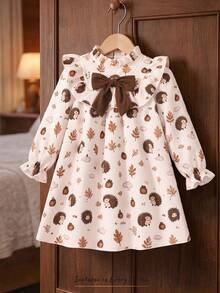 Gaun Anak Perempuan Bergaya Pastoral dengan Motif Landak dan Daun, Kerah Berkerut, Pita Besar, Lengan Panjang, Lengan Mengembang Kasual, Potongan Longgar - Coklat - View 4