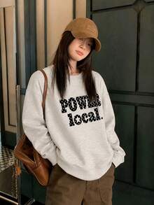 Women's Fashion Autumn/Winter Loose Casual Versatile Letter Print Pattern Crew Neck Sweatshirt - Light Gray - View 4