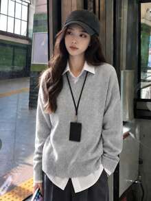 Y6Y Grey V-Neck Long Sleeve Women's 2026 New Autumn Slouchy Loose Knit Sweater - Grey - View 7