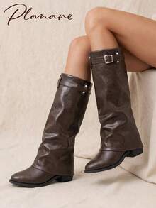 planare New Women's Fashion Ruched Brown Tall Boots With Metal Buckle Vintage Slip-On Pointed Toe Chunky Heel Western Cowboy Boots - Brown - View 4