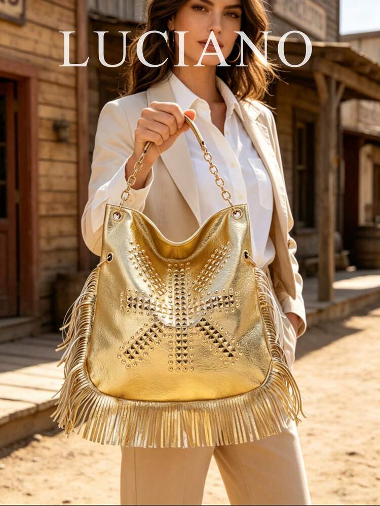 Fashionable Minimalist Versatile Tassel Rivet Chain Handbag, Large Capacity Shoulder Rock Punk Motorcycle Bag, 1pc Gold PU Women's Bag - Gold - View 2