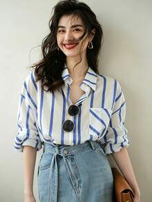 YUXIN Women's French Style Blue Stripe Shirt Oversized Collared Button Up Long Sleeve Fresh Casual Top For Vacation Date Weekend Office Fall Wear - Blue - View 4