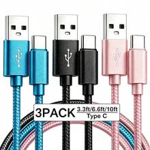 3入 USB C 快充數據線，兼容 Type C 接口設備，USB A 轉 Type C 快充線（尼龍編織 3.3/6.6/10英尺長），適用於室內/室外/旅行及 Type C 車充，兼容 及其他 Android 手機充電線 - 黑+粉+藍 - 查看 13