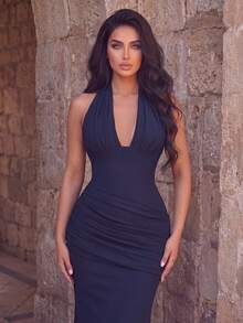 Elegant Halter Neck Deep V Ruched Fitted Mermaid Long Dress, Suitable For Photography, Beach Vacation, Resort, Wedding And Prom - Navy Blue - View 3