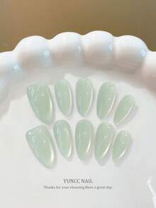 10片手工貓眼壓紋美甲貼片，中號杏仁形亮面假指甲，可重複使用全套假指甲，適合日常配戴 - 綠色 - 查看 3