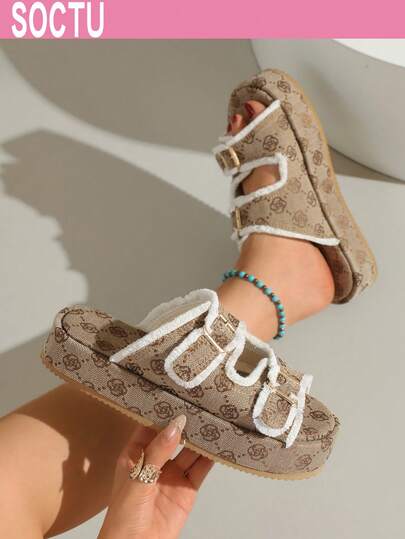 Women's Round Toe Thick-Soled Slippers With Flowers Open Toe Height Increasing