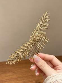 1pc Vintage Gold Metal Leaf Hair Comb, Luxury Side Comb, Back Of Head Updo Hair Accessory For Wedding And Party - Multicolor - View 2