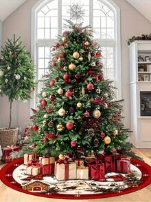 1pc Red Christmas Tree Skirt With Snowman And Bear Pattern, Classic Red Trim Snowflake Design, Round Base, Suitable For Standard Size Christmas Tree; Ideal For Winter Party And Home Holiday Decoration, Perfect Christmas Tree Accessory - Multicolor - View 8