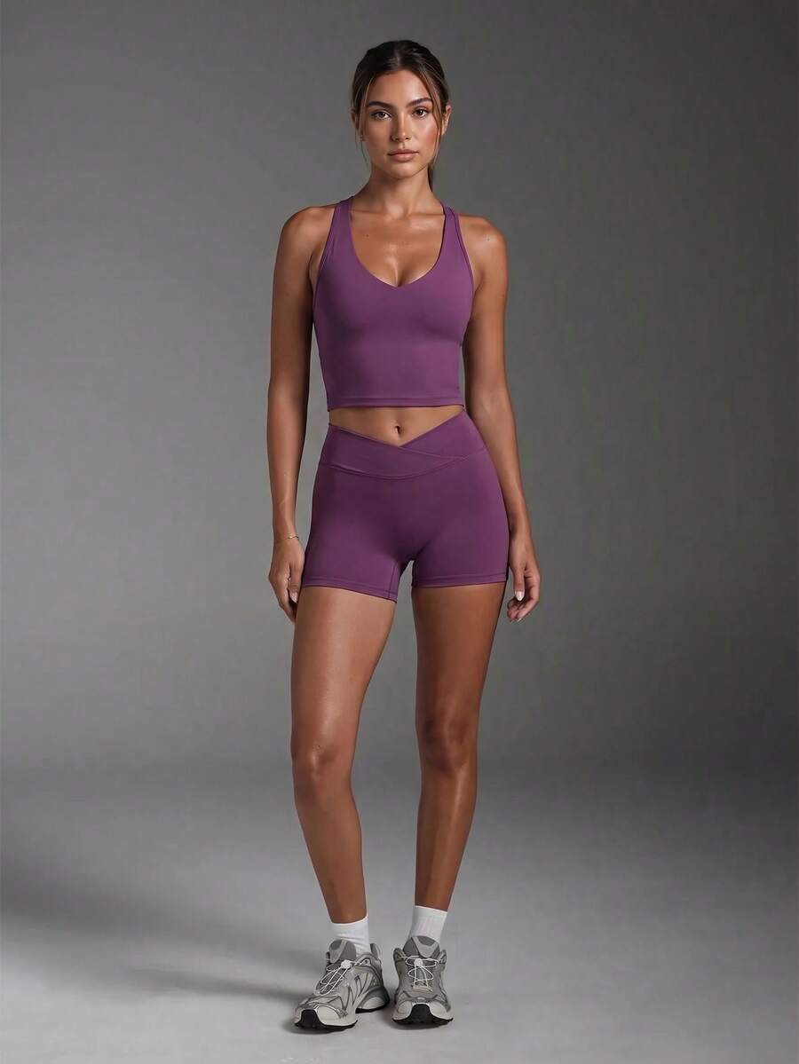 Women's Casual Sports 2 Pieces Set, Detachable Padding Racerback Sleeveless Top, High-Waisted Slim-Fit Butt-Lifting Cycling Shorts, Suitable For Gym And Daily Wear - Burgundy - View 1