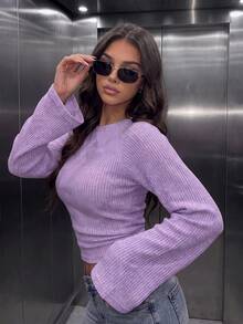 Women's Casual Faux Sweater Batwing Sleeve Cinched Waist Slim Fit Cropped Top, Suitable For Daily Wear, Autumn/Winter, Winter/Autumn Outfits, Going Out - Purple - View 1