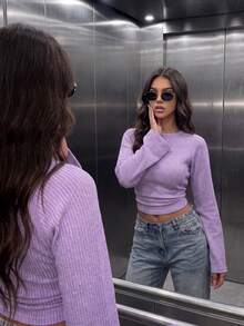 Women's Casual Faux Sweater Batwing Sleeve Cinched Waist Slim Fit Cropped Top, Suitable For Daily Wear, Autumn/Winter, Winter/Autumn Outfits, Going Out - Purple - View 8