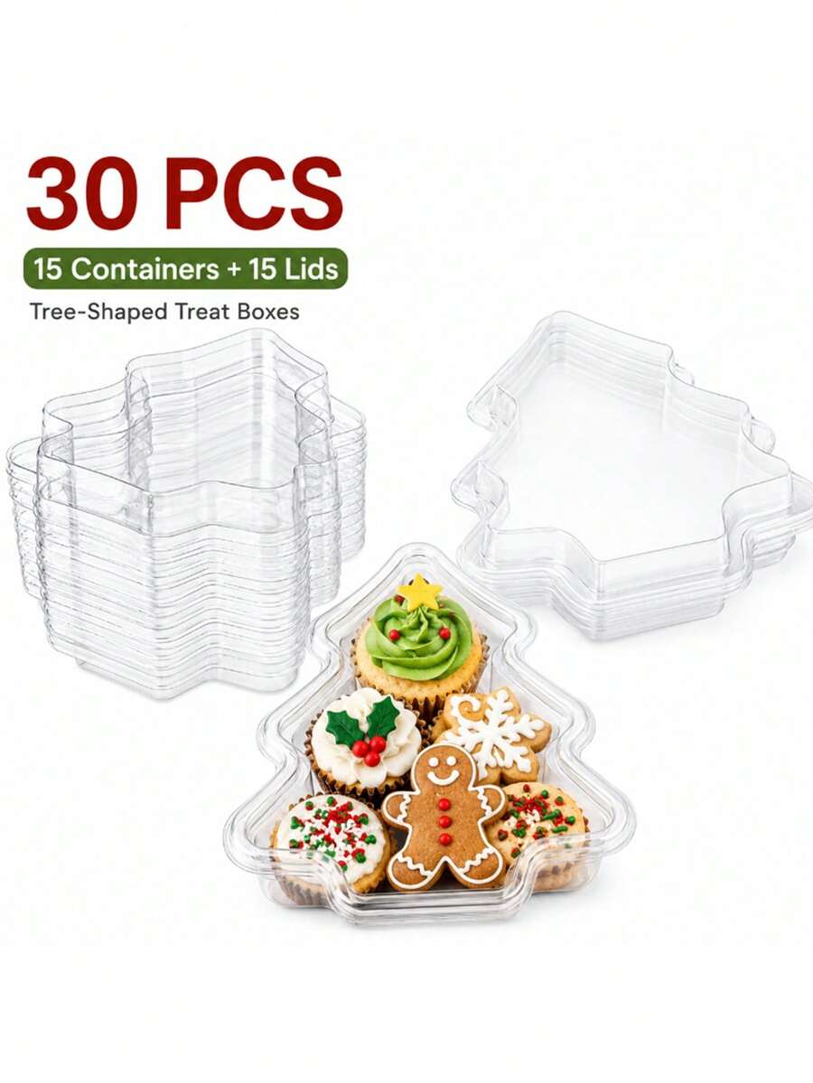Bộ 30 hộp đựng tráng miệng hình cây thông Noel (15 hộp + 15 nắp), hộp nhựa trong đựng kẹo, bánh quy, cupcake có nắp cho tiệm bánh, quà tặng tiệc, quà Giáng sinh, trang trí bàn tiệc lễ hội và trang trí món tráng miệng - Trong sáng - Xem 1