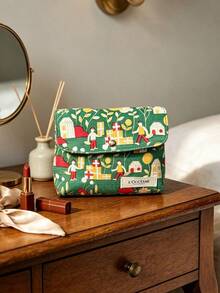 Green Cartoon Village Print Snap Button Small Cosmetic Pouch Mini Portable Lipstick Jewelry Storage Bag Cute Travel Toiletry Organizer Gift L'Occitane Small Makeup Bag - Green - View 9
