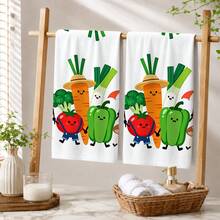2pcs Cute Cartoon Vegetable Print Kitchen Towels, Carrot Tomato Green Pepper Broccoli Fun Pattern Hand Towels, Fresh Pastoral Style Absorbent Dish Cloth Tea Towel, Suitable For Kitchen Cooking, Baking, Cleaning Wiping And Home Decor, Vegetable Theme Kitchen Supplies Gift - Multicolor - View 4