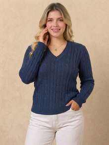 Women's Plus Size Cable Knit Sweater, Long Sleeve V-Neck Pullover, Classic Autumn/Winter Knit Top, Preppy Style - Blue - View 3